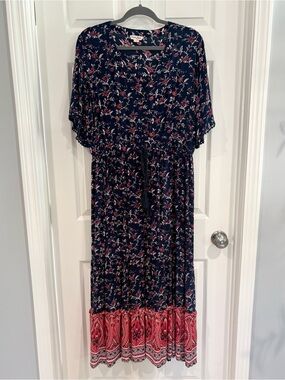 Violet Skies Boho Floral V-Neck Flowy Short Sleeve Navy Maxi Dress Women Size XL